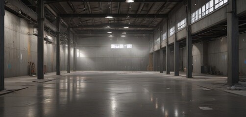 High ceilings, exposed ductwork, concrete floors, industrial lighting, industrial space, loft