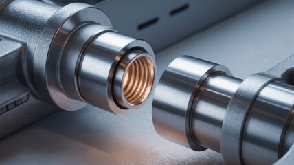 Close up of metallic hydraulic mechanism with threaded parts designed for precise mechanical connection and fluid control industrial applications