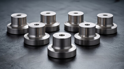 Hydraulic mechanism components made of metal arranged on dark surface with smooth finish and industrial design