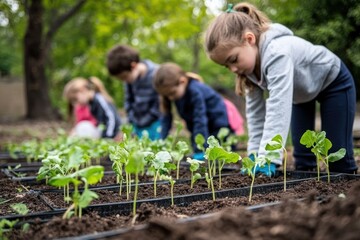 Young children planting and tending to seedlings in a garden with focus on green plants and soil, showing care and learning outdoors