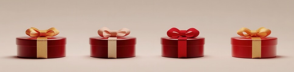 Four elegantly wrapped gift boxes in varying shades of red, showcasing decorative bows