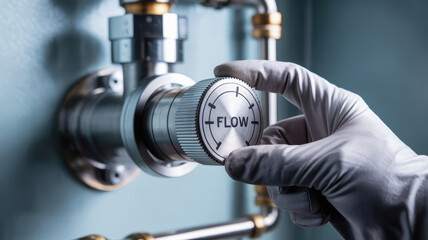 Hydraulic mechanism flow valve pipe control hand glove metal adjustment plumbing industrial pressure system close up equipment technology steel