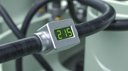 Hydraulic mechanism pressure gauge displays 215 on digital screen attached to black hose in industrial setting with metal parts and tubes