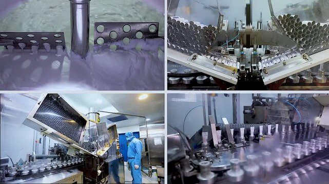Pharmaceutical cream and ointment manufacturing process, medical or cosmetic paste production and automatic tube filling, sealing, packaging line in sterile factory with machinery and conveyor system