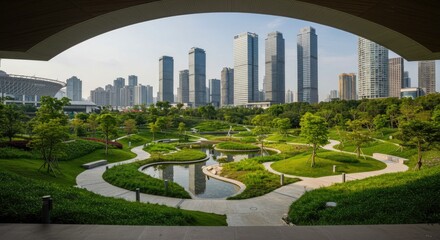 Urban park with modern cityscape view. Lush green landscape with winding paths and tranquil water features, framed by modern high-rise buildings