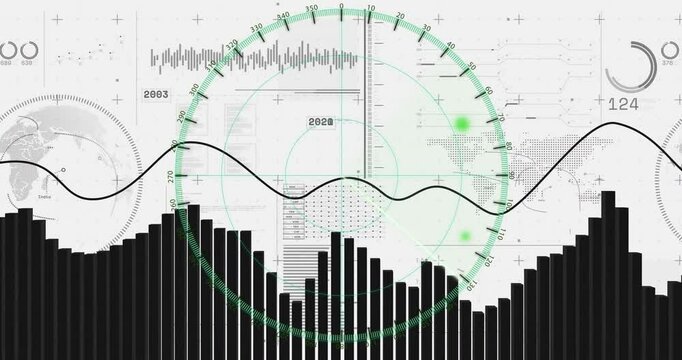 Data visualization animating on dashboard, showing bar chart and rotating green protractor grid