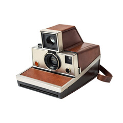 Fototapeta premium Vintage Brown Leather and Chrome Instant Camera with Shoulder Strap Detail
