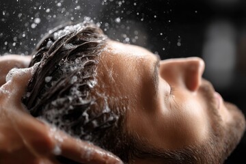 Naklejka premium Relaxed man receiving a professional hair wash.