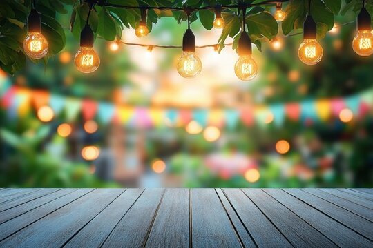 Warm glowing hanging light bulbs strung across green leaves over empty wooden table with blurred colorful festival flags and outdoor bokeh lights in background