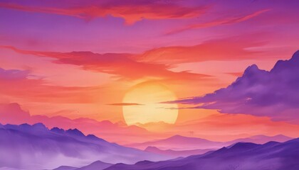 Obraz premium Fiery orange and violet sunset hues blend in abstract watercolor wash , sunset, serene