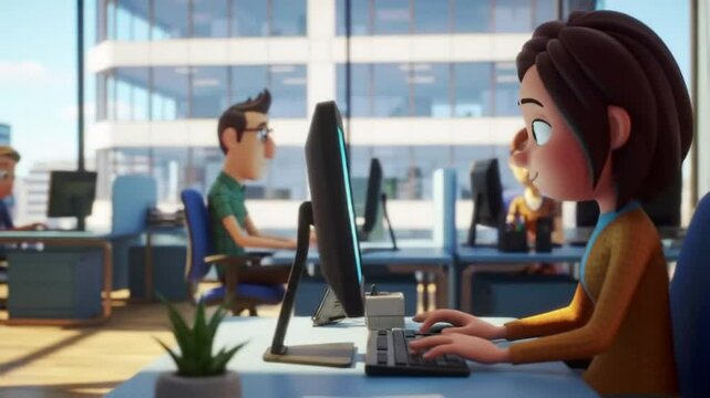 Animated office environment featuring people working at computers in a modern workspace
