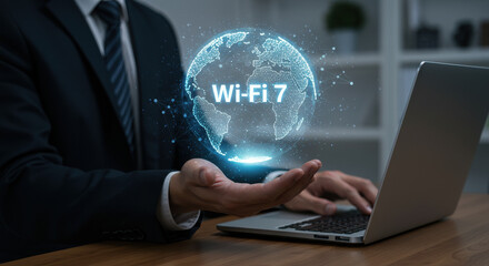 Obraz premium Wi-Fi 7: Next-Gen Wireless Globe. Business Connecting the World With Faster Internet Speed on Laptop, Tech, Network, and Global Connectivity