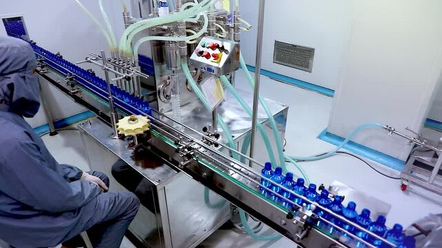 Liquid filling bottling line in factory sanitizer, soap, detergent, hand wash, gel production process &ndash; plastic bottles, manufacturing machinery, pharmaceutical chemical plant