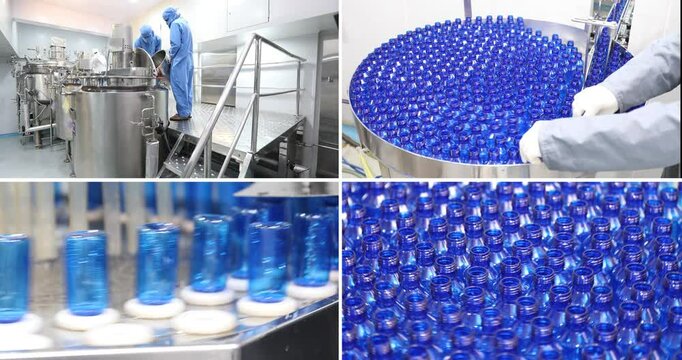 liquid medicine liquid filling machine in bottles in pharmaceutical, syrup sanitiser gel filling in bottle production line filling making process in a plastic transparent bottle manufacturing factory	