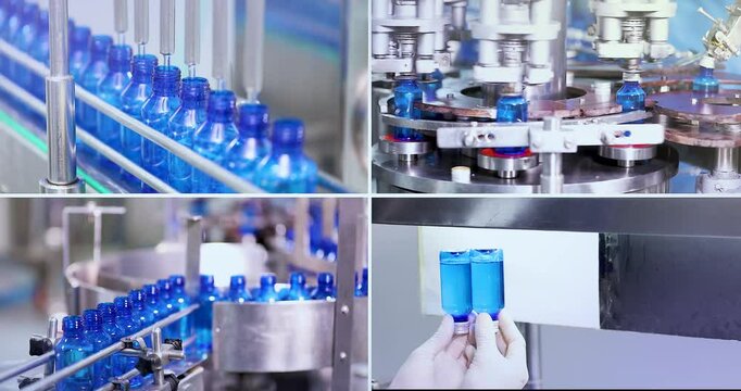 Pharmaceutical liquid filling bottling line in factory. sanitizer, soap, detergent, hand wash, gel production process. plastic bottles, manufacturing machinery, pharmaceutical chemical plant
