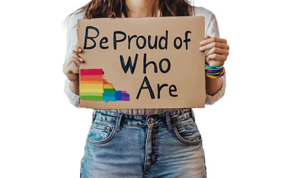 Person displaying a handmade "Be Proud of Who You Are" sign reflecting confidence and self-acceptance isolated on white background PNG