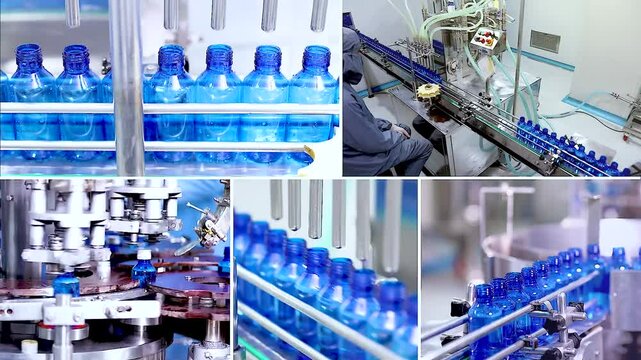 Pharmaceutical liquid filling bottling line in factory. sanitizer, soap, detergent, hand wash, gel production process. plastic bottles, manufacturing machinery, pharmaceutical chemical plant