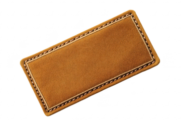 Brown fabric label with detailed stitching design for clothing or accessories isolated on a transparent background