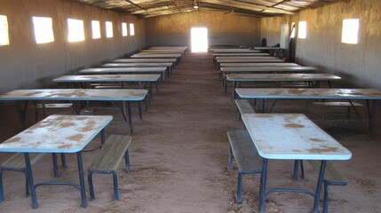 Empty classroom with rows of tables and benches, sunlight streaming through windows