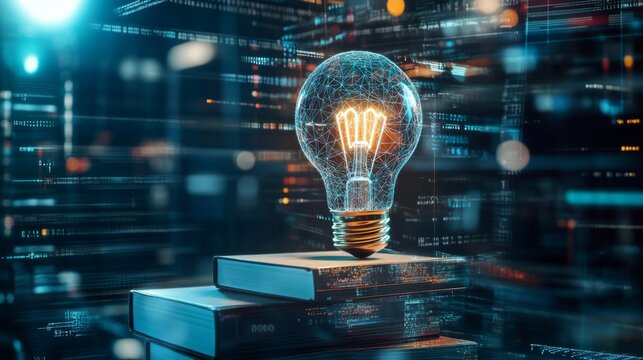 Educational concept: cap and light bulb on books, futuristic icons of learning and innovation in classroom setting generative ai