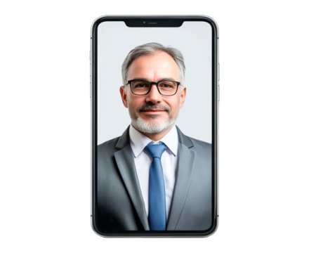 Man in a suit smiling, posing for a portrait on a smartphone screen isolated on transparent background