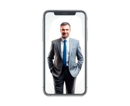 Man in a suit smiling, posing for a portrait on a smartphone screen isolated on transparent background