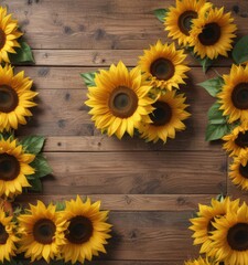 Obraz premium Vibrant sunflowers arranged on rustic wooden board, photo, golden, wildflowers