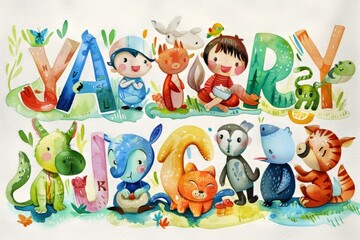 Obraz premium watercolor children learning alphabet with animals soft pastel .