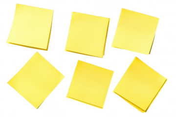 Six yellow sticky notes arranged separately for reminders and office organization isolated on a transparent background