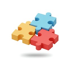 Connected Puzzle Pieces in Yellow, Blue, and Red Representing Collaboration and Solutions