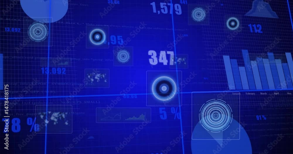 Poster analytics dashboard showing glowing hud rings, numeric readouts, bar graph and pie chart on grid