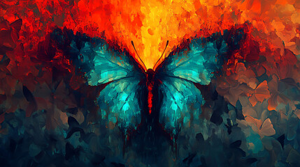 Vibrant butterfly illustration with bold colors, symbolizing transformation against a fiery backdrop
