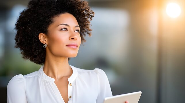 Confident woman with curly hair using tablet in modern workspace - Powered by Adobe