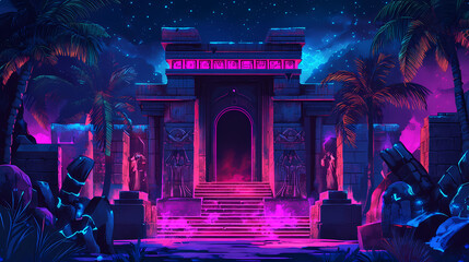 Obraz premium Mysterious ancient ruins with neon accents. [neon folklore] | electric spirits | charged legends. illustration. [Neon Folklore] | CyberWitch Scroll | coded incantation. Illustration