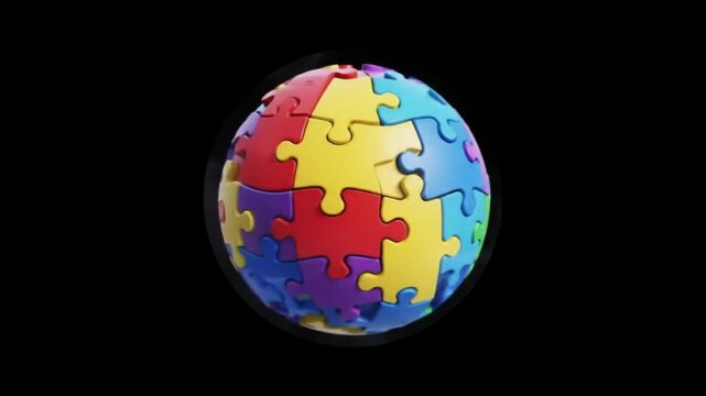Colorful puzzle in the form of a rotating ball or sphere on a black background. Generative AI.