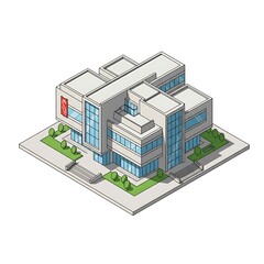 Isometric View of Modern Office Building with Glass Windows and Landscaping