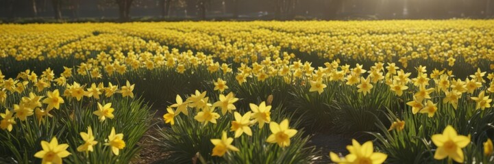 Obraz premium Sunlit daffodil field, vibrant yellow petals gleaming , flowers, bloom, daffodilfield