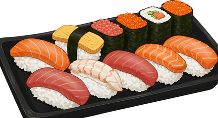 Fresh sushi rolls neatly placed on a black tray. Japanese delicacy with rice and fish