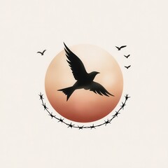 Fototapeta premium A bird silhouette flies in front of a sunset with barbed wire below, symbolizing freedom and barriers.
