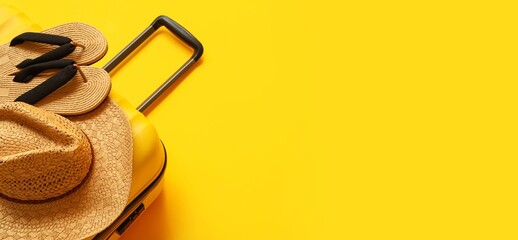 Suitcase, hat and flip-flops on yellow background with space for text, closeup. Tourism concept