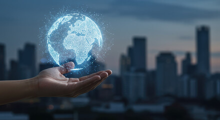 Global Network: Holding the World's Future in Hand. Technology, Connection, and a Vision for Tomorrow, set against an Urban Skyline.