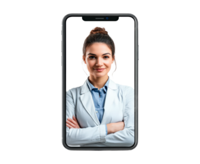 Healthcare professional offers virtual consultation through mobile device isolated on transparent background