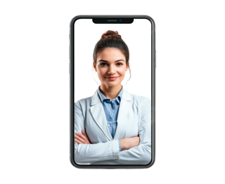 Healthcare professional offers virtual consultation through mobile device isolated on transparent background