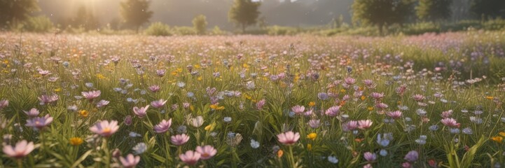Sun-drenched meadow dotted with pastel wildflowers , plants, golden hour