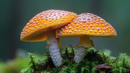 Two vibrant orange-topped mushrooms stand atop moss.  Close-up view of their textured caps and stems
