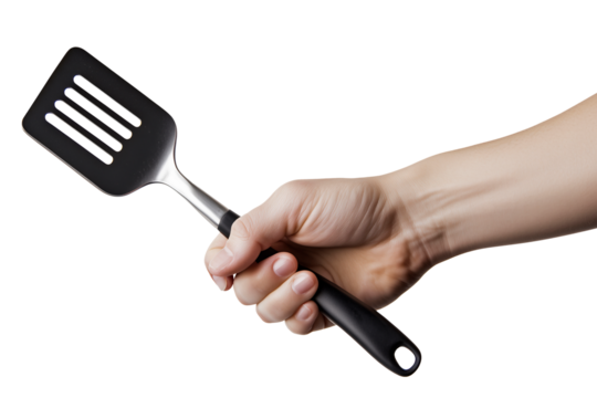 Hand Holding Black Kitchen Spatula Against a Transparent Background