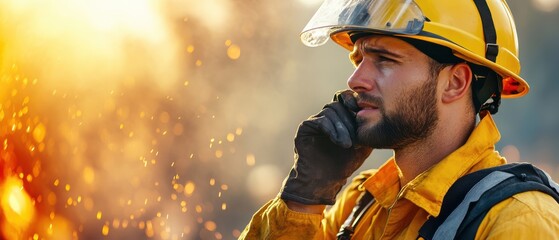 A firefighter in protective gear communicates via radio near a blazing fire, surrounded by flying embers and intense light.