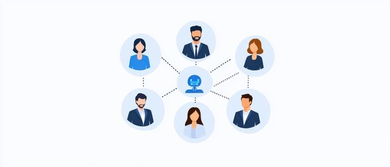 Fototapeta premium A chatbot connects with six diverse professionals, illustrating digital communication and networking in a business context.