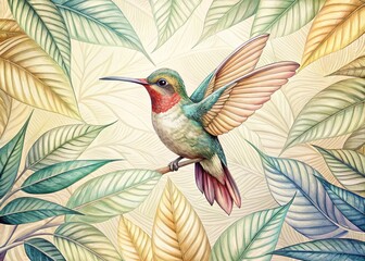 Elegant Monoline Hummingbird Sketch on Repeating Leaf Pattern - Botanical Illustration