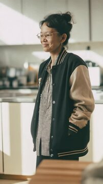 Smiling Asian woman with glasses wearing a varsity jacket standing indoors in soft, diffused light enjoying day with casual professional look.